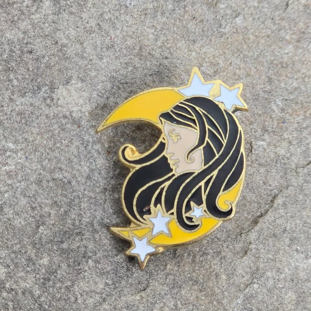 Lady in the Crescent Moon Stars Sky Magical Mystical Woman Enamel Lapel Hat Pin